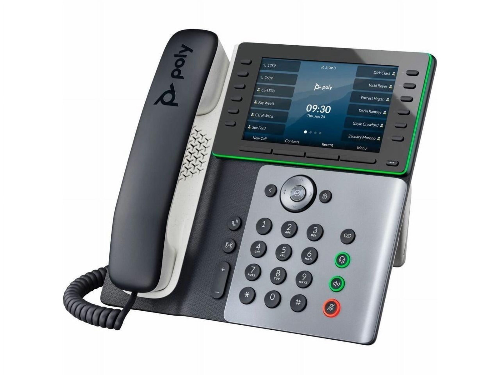 Modern Poly business desk phone with a large color display