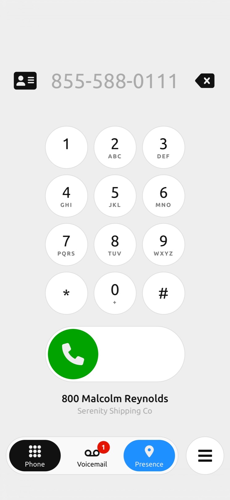 RocketVox App phone dialer showing Serenity Shipping Co caller identification
