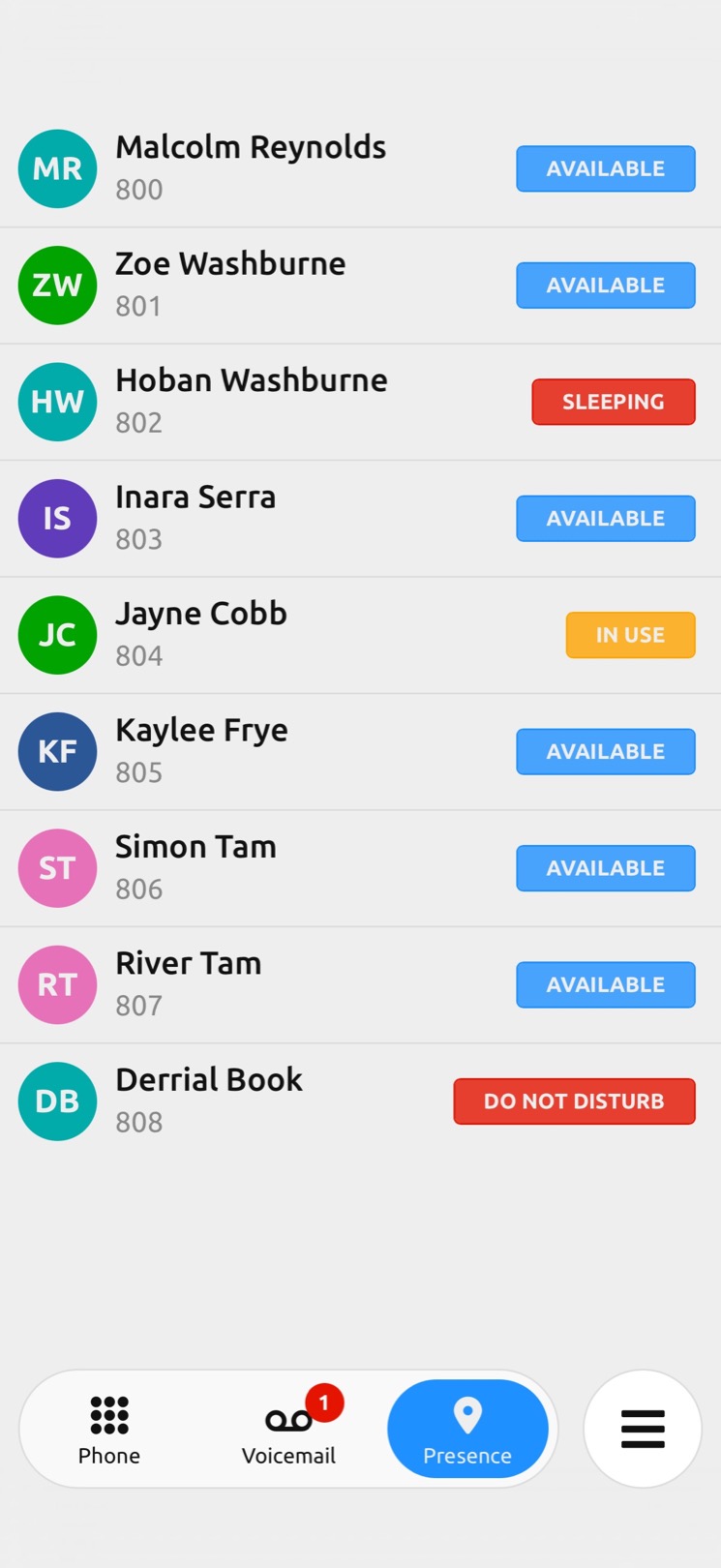 RocketVox App team presence screen showing extension availability