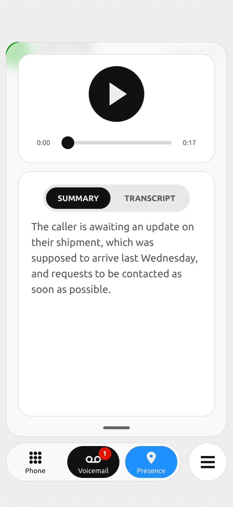 RocketVox App voicemail Intelligence summary screen